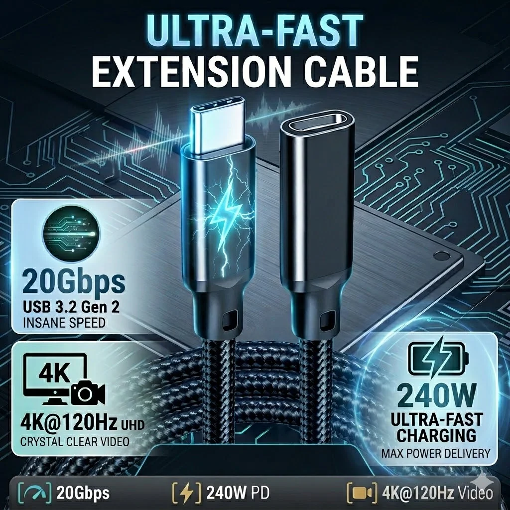 USB C Extension Cable 240W USB3.2 4K@120Hz Type C Video Extension Cord Male to Female For Hub PS VR2 iPhone MacBook Switch 20Gbp