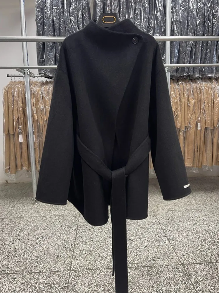Korean Style Female Elegant Winter O Neck Single Button Double Sided Wool Jacket Woolen Coat Loose Fit Straight Fashion Ladies