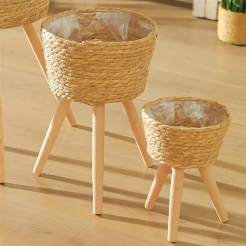 Wood Woven Plant Pot On Standing Legs Household Planter Pot Basket Wood Flower Basket Weaving Flowerpot Storage Basket