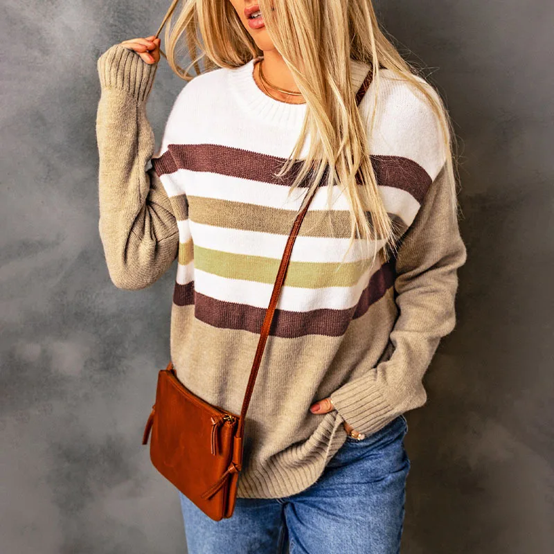 

Khaki Round Neck Stripe Long Sleeve Sweater Women's Winter New Underlay 2722423