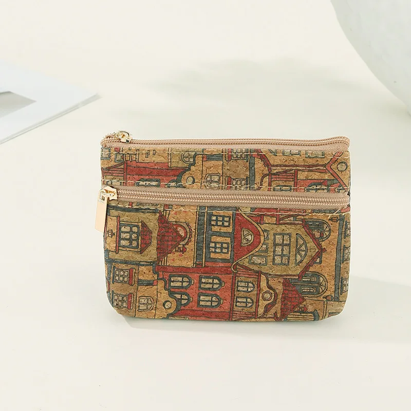 Fashion Cork Coin Purse Ethnic Style Retro Zipper Money Bag Luxury Double Layer Lipstick Organizer Pouch
