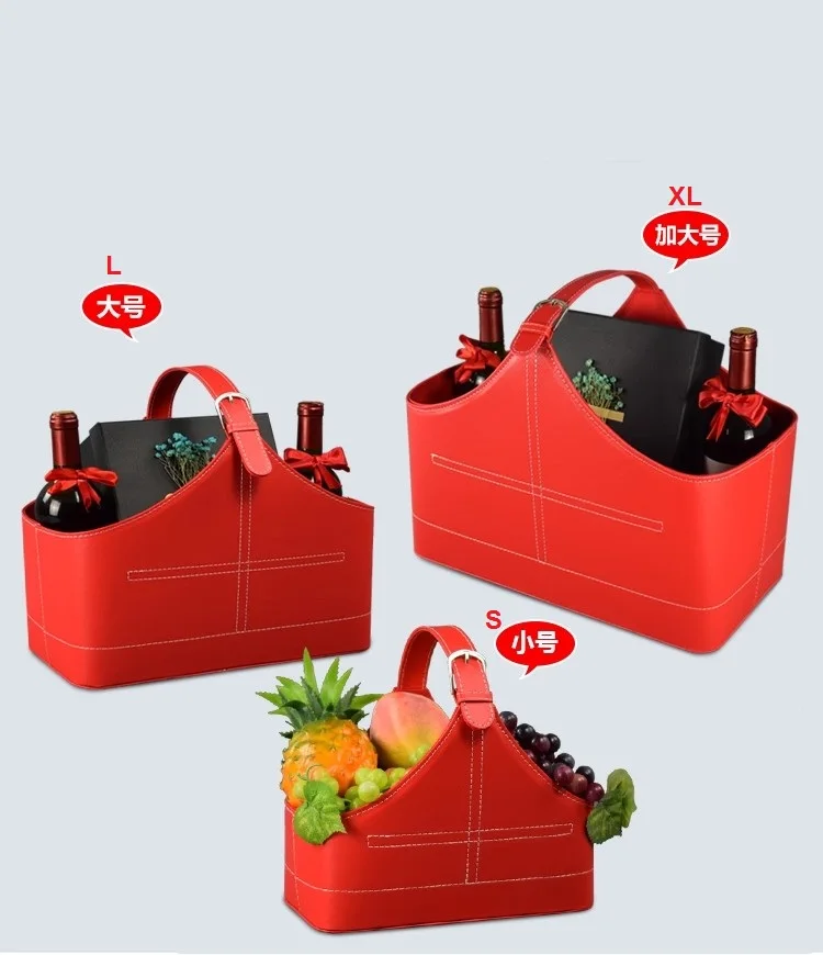 سلة تخزين هدايا جلدية، سلة فواكه محمولة باليد، سلة هدايا عيد الميلاد ومهرجان الربيع، سلة جلدية من النبيذ الأحمر #6