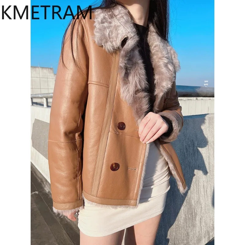 KMETRAM High Quality Xiaohu Sheep Shearling Fur Coat Woman Korean Lapel Biker Fur Jacket Slim Fit Women's Leather Fur Coats Шуба