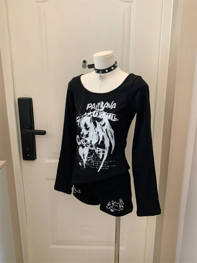 

Japanese Y2K Gothic Slim Tops Women Harajuku Aesthetic Vintage Long Sleeve T-shirt Casual Streetwear Fashion Print Clothes New