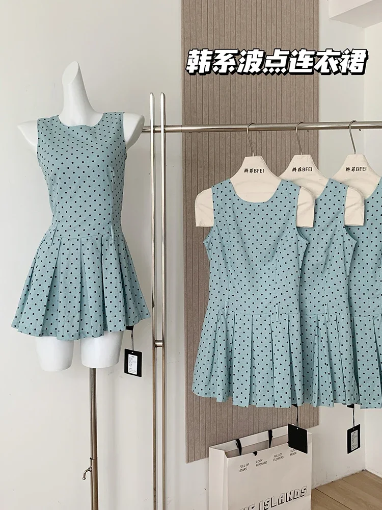 Summer French Vintage Evening Mori Girl Mini Polka Dot Dress Women Coquette 2000s Aesthetic Sleeveless One-Piece Pleated Frocks