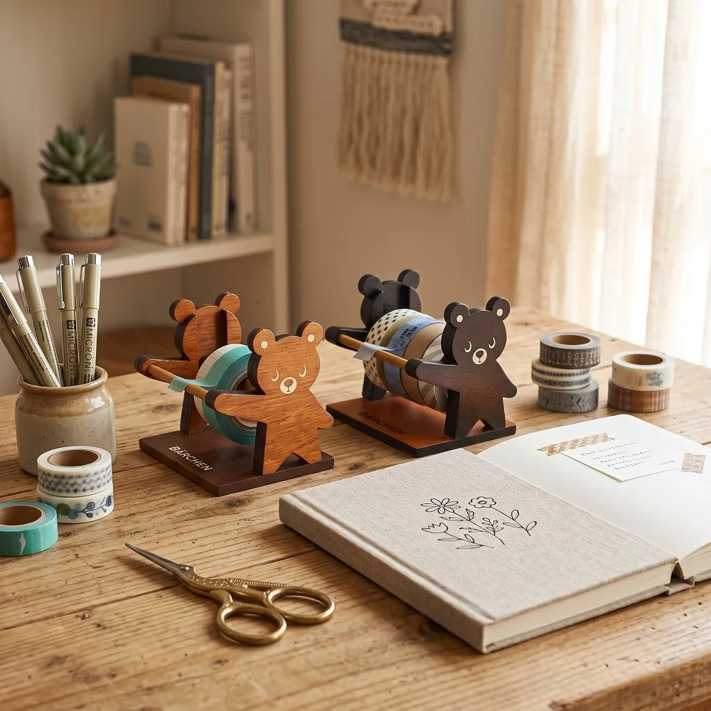 Cute Bear Shaped Wooden Tape Dispenser Multifunctional Desktop Tape Cutter Holder Desk Organizer Practical Stationery Decor