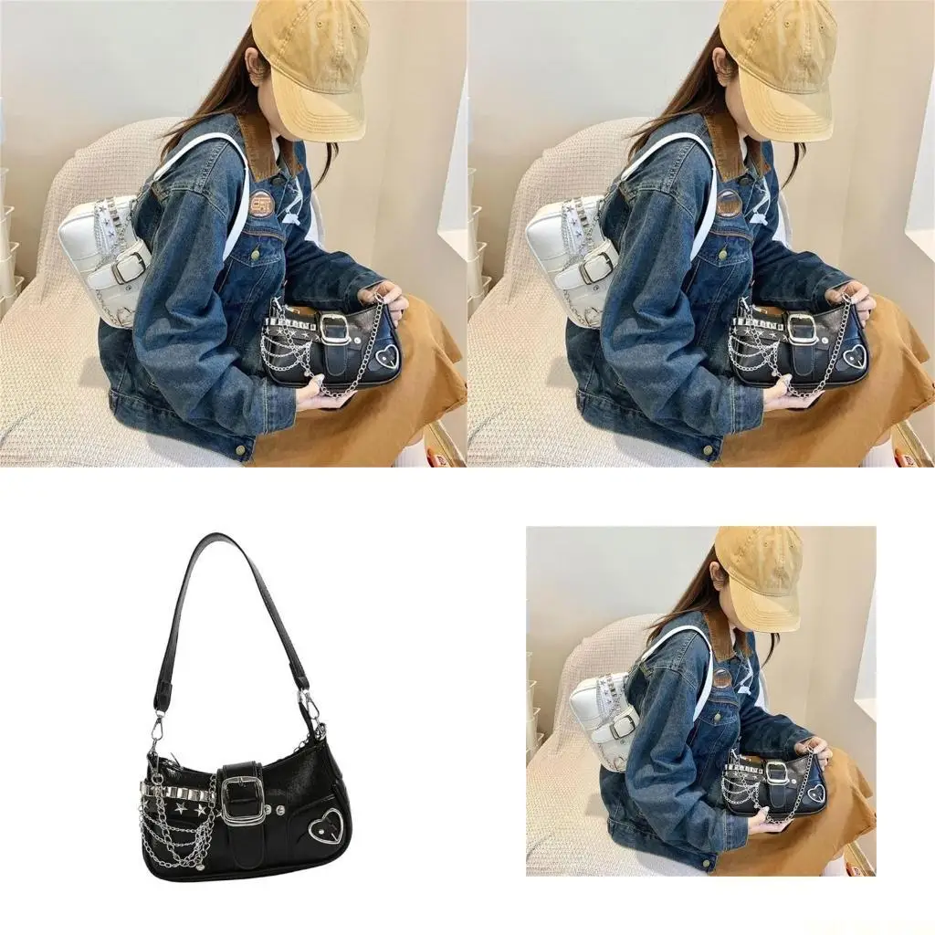 

X90D Women Punk Star Underarm Bag Grunge Zippers Shoulder Bag Armpit Purse with Chain