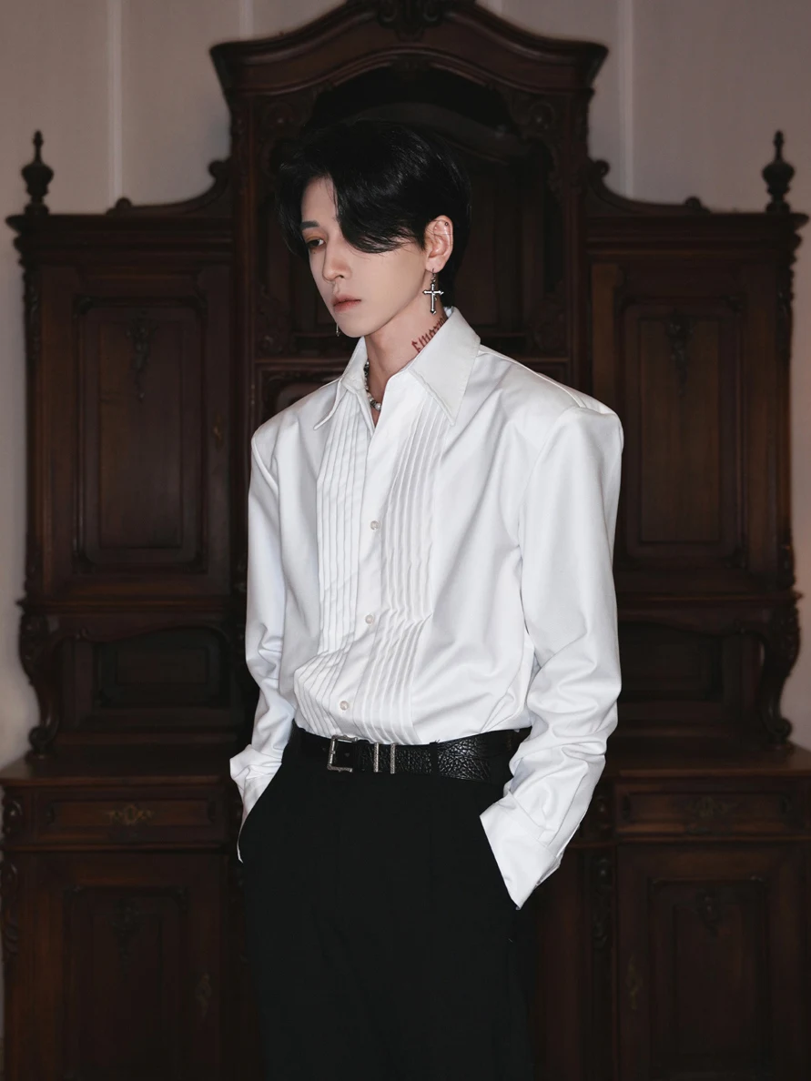 

Design Sensation Men's Shirt Accordion Pleat Loose Long Sleeve Fashionable Art Student Court Style White Dress Shirt Trendy