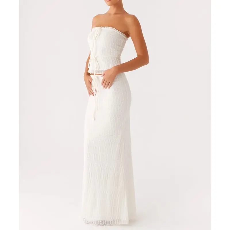 

Combhasaki женский летний комплект одежды из 2 предметов с бантом и декором без бретелек с открытой спиной топы без бретелек + длинная юбка-русалка с завязками на талии