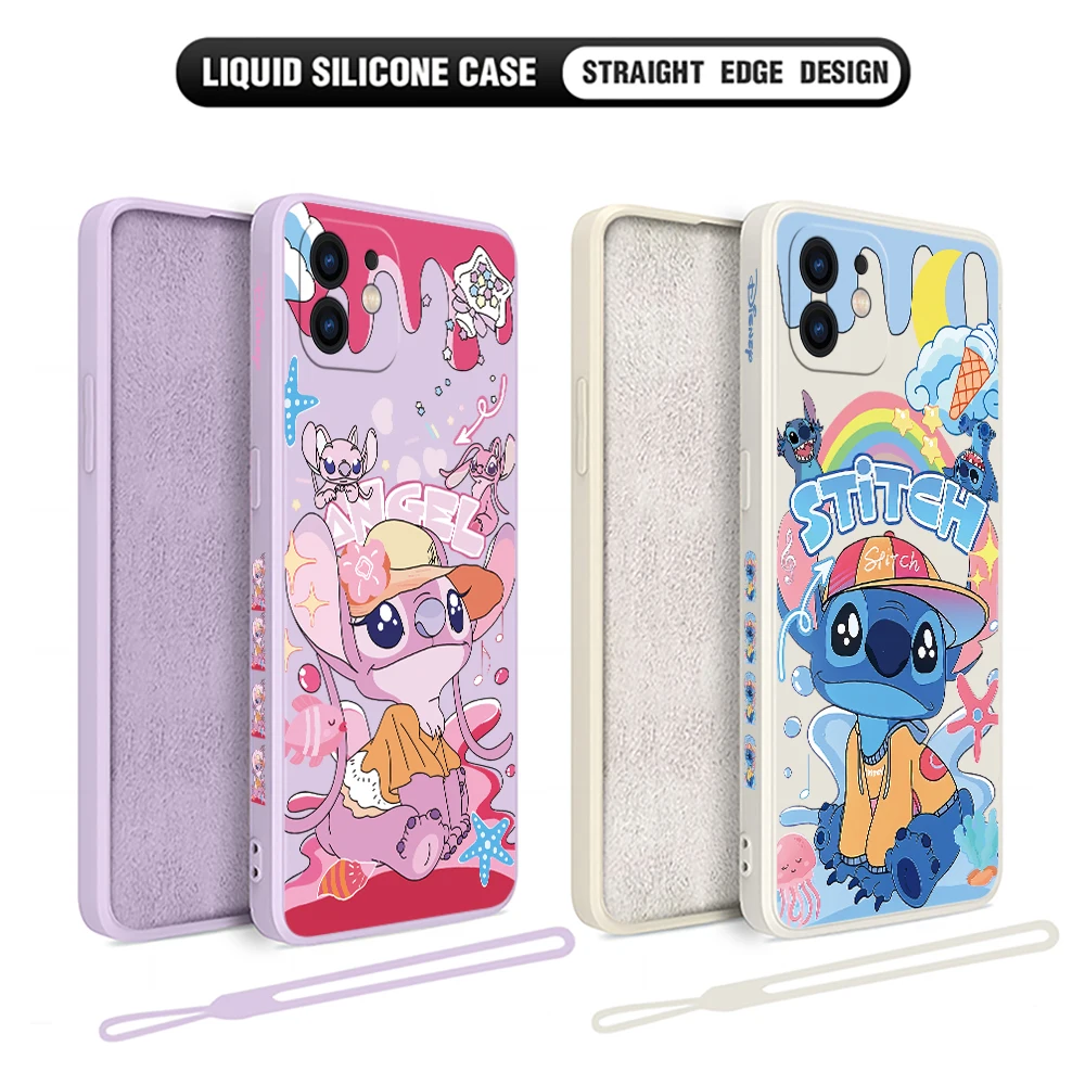 Cute Anime Couple Stitch Phone Case For OPPO Reno 3 4 8 8T 8Z 7 7Z 6 5 Pro Plus 4G 5G Liquid Soft Silicone Cover With Hand Strap