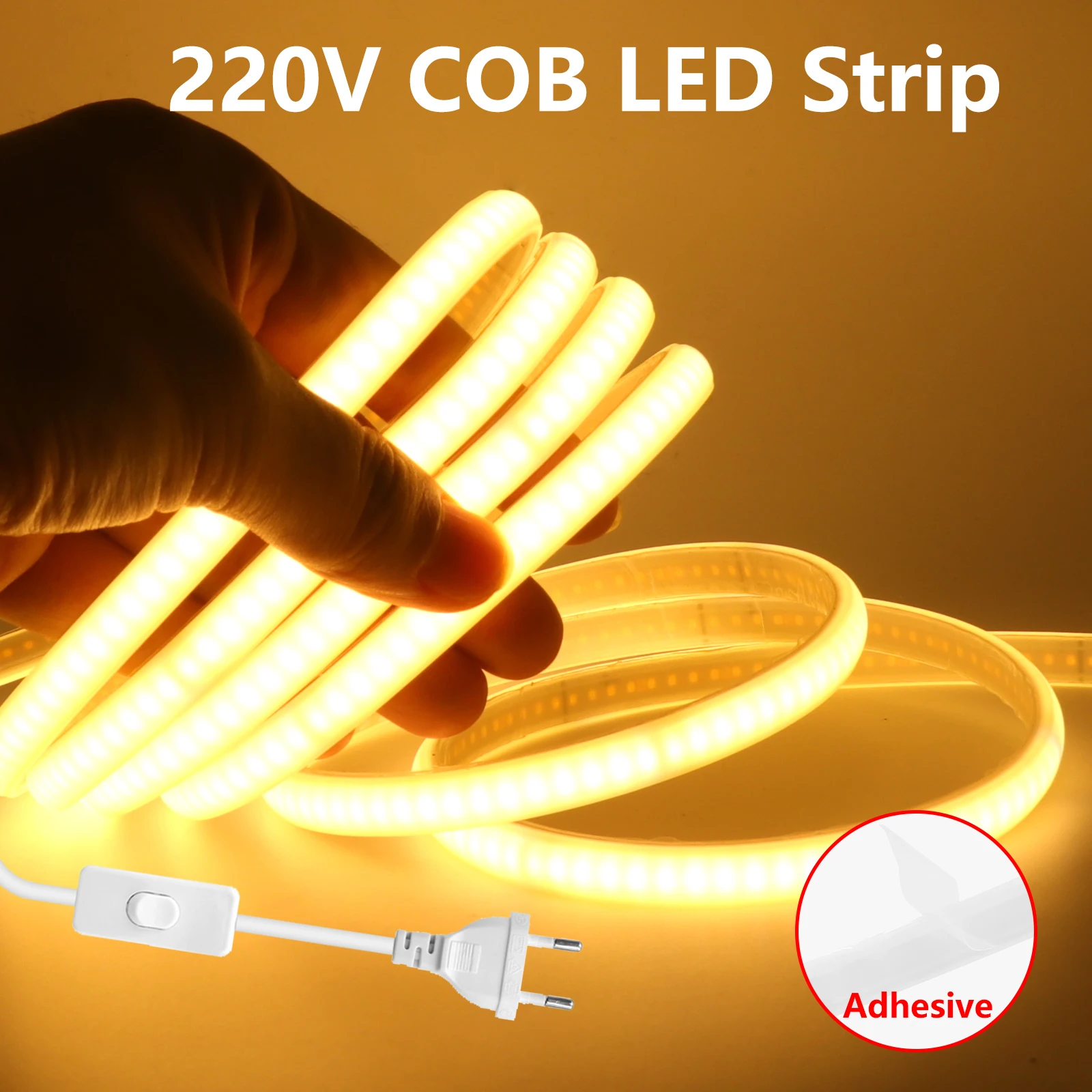 

Светодиодная лента 220 В с выключателем, водонепроницаемая, COB, самоклеящаяся, гибкая, для освещения спальни, кухни, улицы, сада