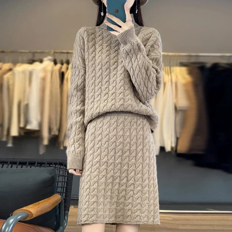 

Tailor Sheep Women's Half High Neck Long Sleeve Pullover Sweater Slim Fit Short Skirt 100% Merino Wool Women's Set