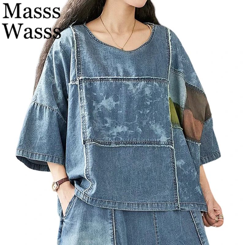 Masss Wasss British Design Loose Oversized Tee Shirts Womens Fashion Patchwork Denim Tops Females Summer Causal Classic Clothes