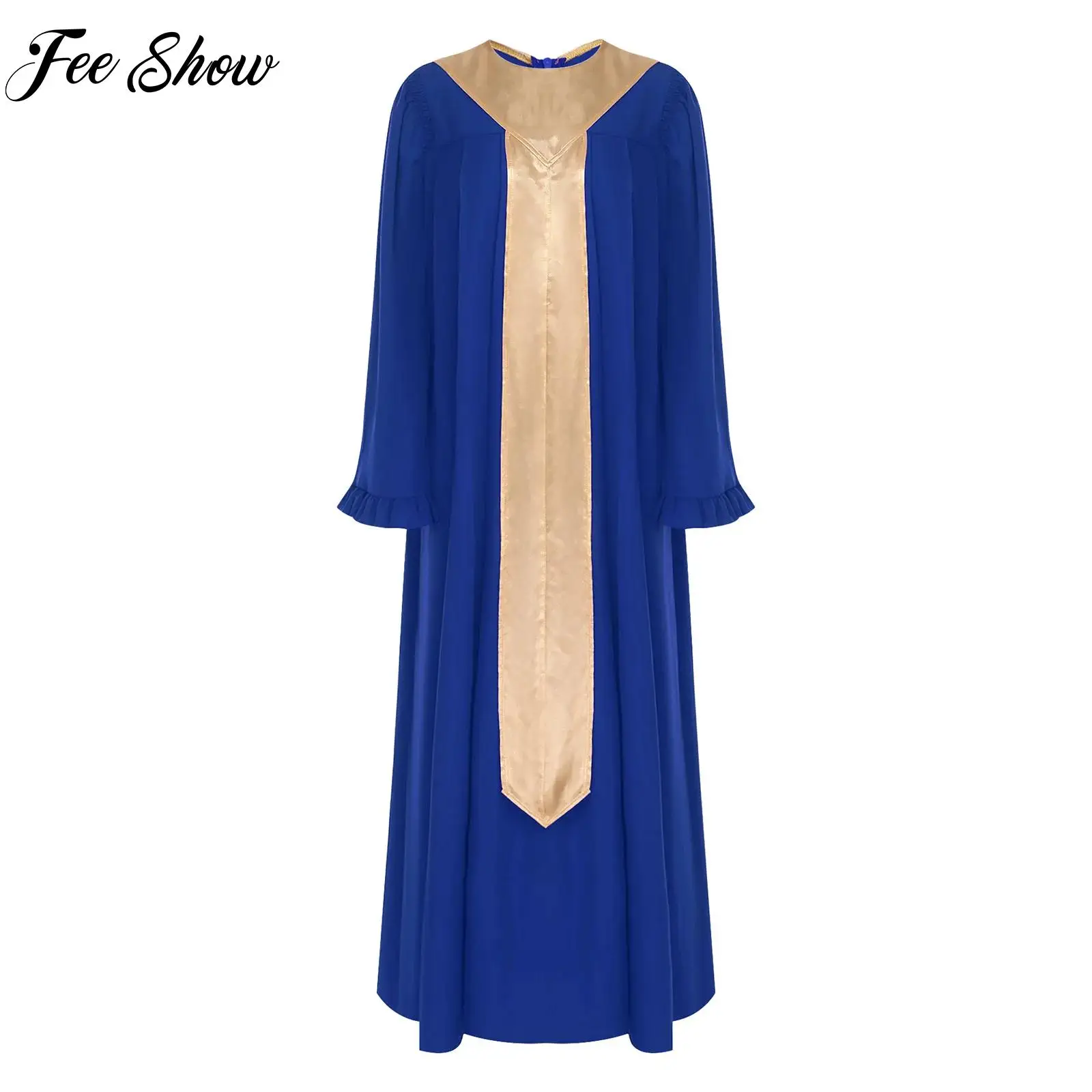 

Women Liturgical Praise Dance Dress Church Choir Performance Robe Flared Long Sleeve Ruffled Trim Sash Long Robe Priest Cassocks