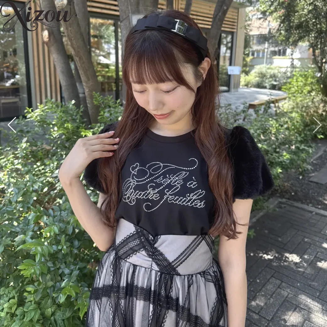 Y2K 여성용 비즈 장식 라운드 넥 짧은 퍼프 플러피 버블 슬리브 티셔츠 레터 탑 하이 웨이스트 A라인 봄 가을