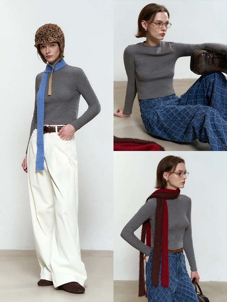 

Футболка CECI Long Termism Light Spring Series Slim Fit с круглым вырезом и длинным рукавом, однотонная, базовый слой, универсальный простой дизайн