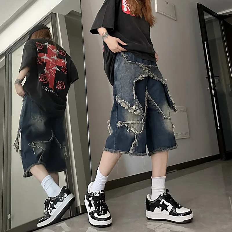 

Blue Women's Cargo Denim Short Pants High Waist Wide Leg American Streetwear Summer Hip Hop Casual Baggy Straight Cargo Trouser