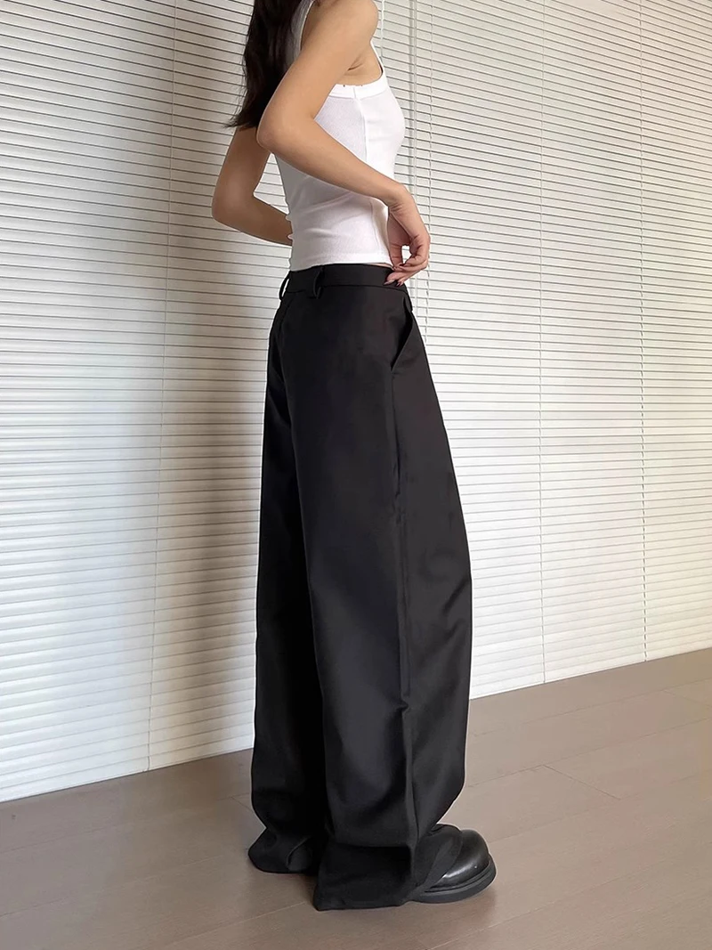 Reddachic feminino plissado frente vestido calças cleanfit preto bolsos lisos baixo aumento largo casual terno calças trabalho roupas de verão