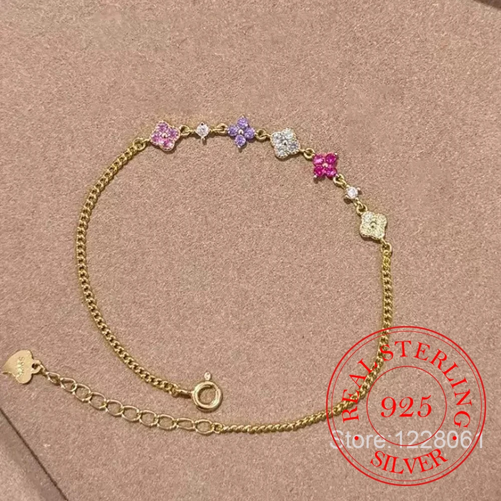 

Ювелирные изделия из стерлингового серебра 925, красочный циркон, кристалл, четырехлистный цветок, браслет-подвеска для женщин, Homme, роскошный подарок на свадьбу