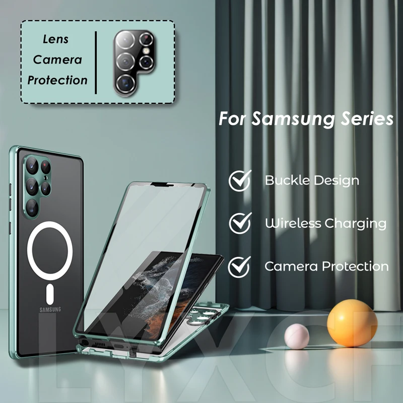 

Магнитный беспроводной зарядный чехол для Samsung Galaxy S24, S23, S22, S21, UItra Plus, 360 °, двойное стекло с защитной крышкой для объектива камеры