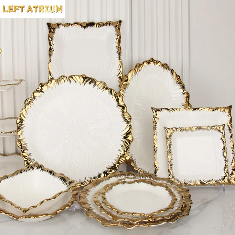 Golden Edged Ceramic Dining Plate Western Steak Plate Sushi Plates Dessert Bowl Sashimi Plates Fruit Dish Salad Bowl Soup Bowls