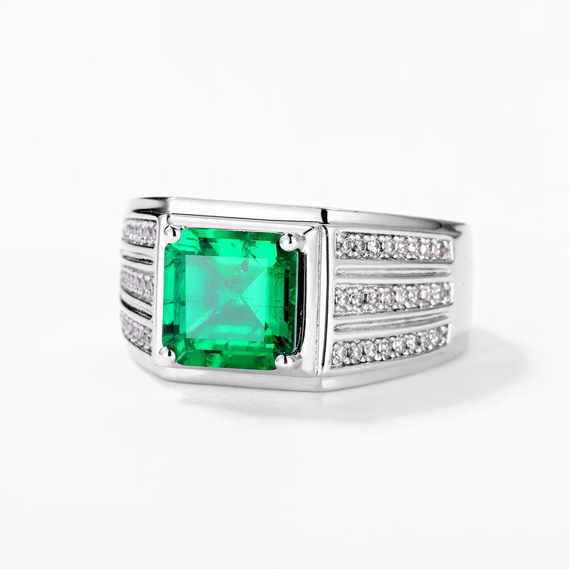 Stylish and elegant 18K gold inlaid colored baby stone PT950 platinum cultured emerald ring men's retro ring