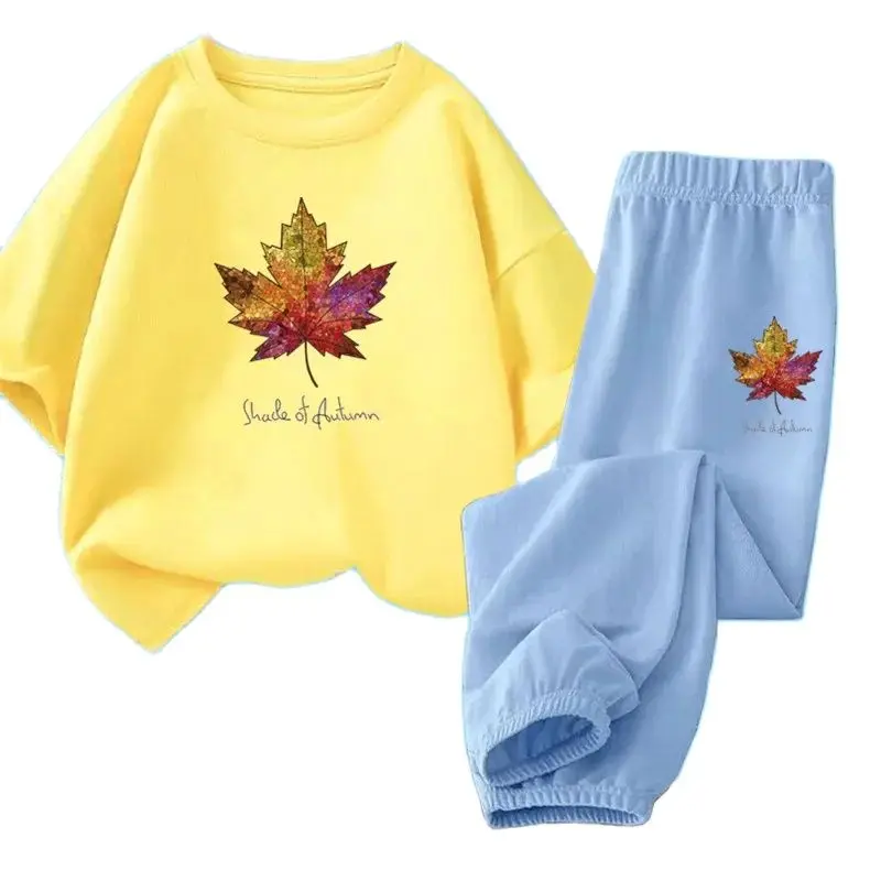 Teenage Boy Cartoon Maple Leaf Clothes Set Summer Children Tshirts and Pants 2 Pieces Suit Kids Top Bottom Outfits Tracksuits