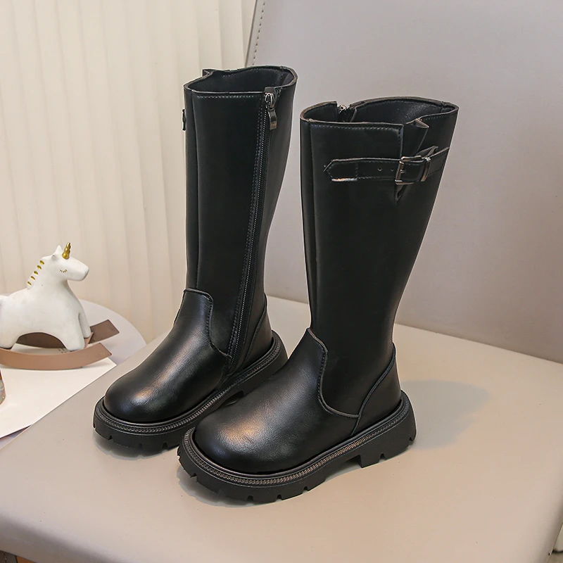 Kids'Boots Solid Color Buckle PU Leather Fashion Autumn Knee-high Boots For Girls Anti-slip Breathable Black Shoes Size 25-36