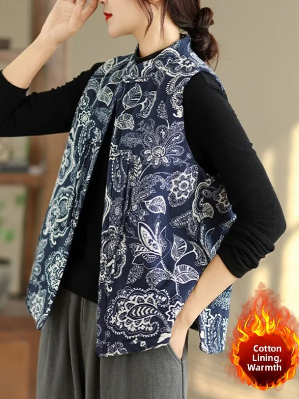 

Китайский этнический хлопковый льняной жилет с принтом, большой размер, женская свободная повседневная верхняя одежда на пуговицах в стиле ретро, топ