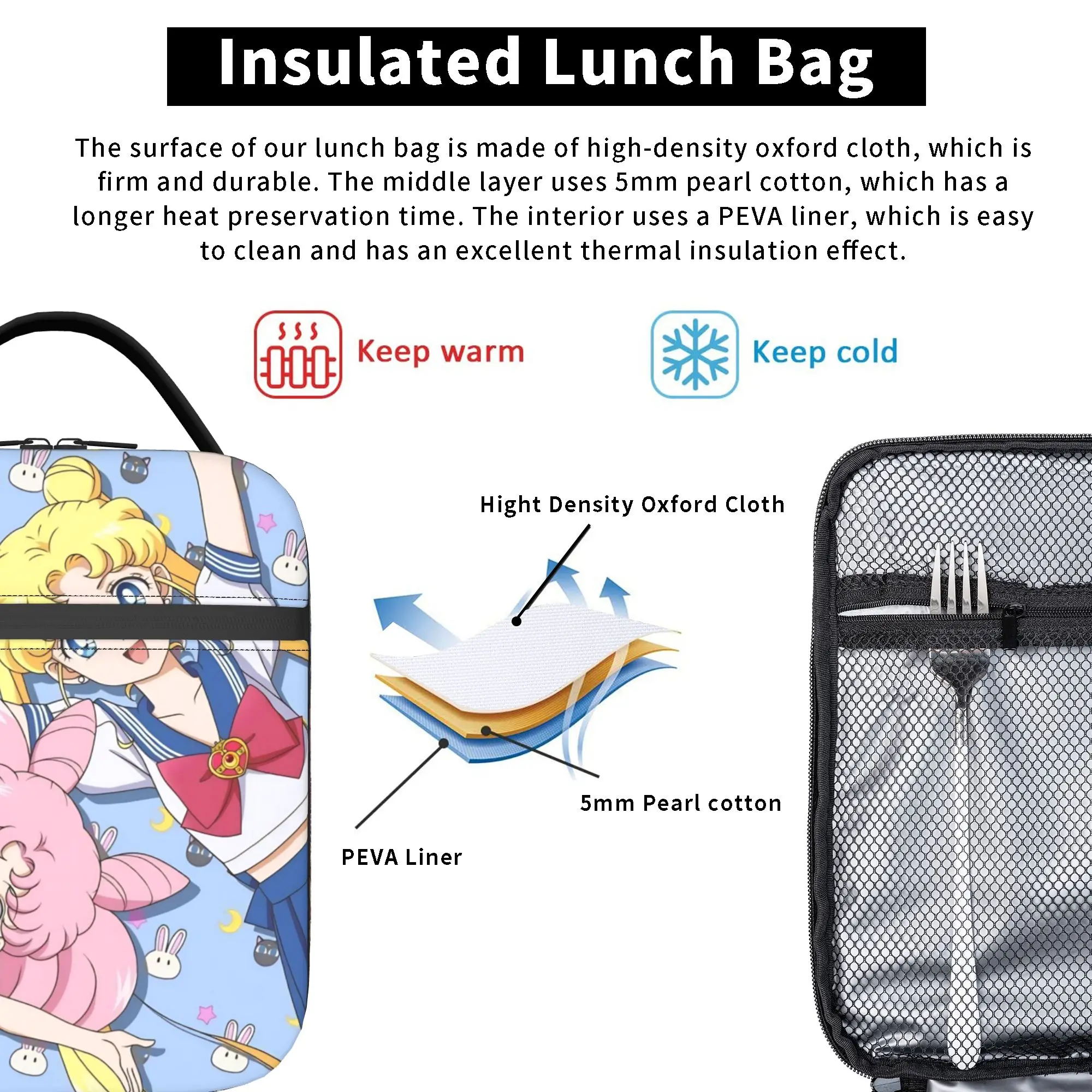 Sailors Moons Insulated Lunch Bags Cooler Bag Reusable,Lunch Container Anime Large Tote Lunch Box Food Bag Office  Picnic view 5