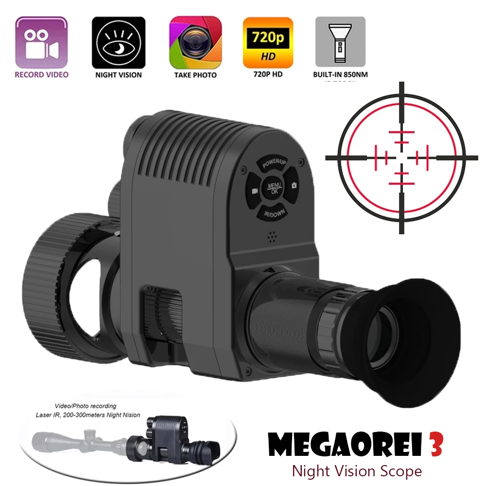 Megaorei 3 Night Vision Rifle Scope Hunting Camera 720P Video Photo Recorder Monoculars with Built-in 850nm IR Laser Flashlight