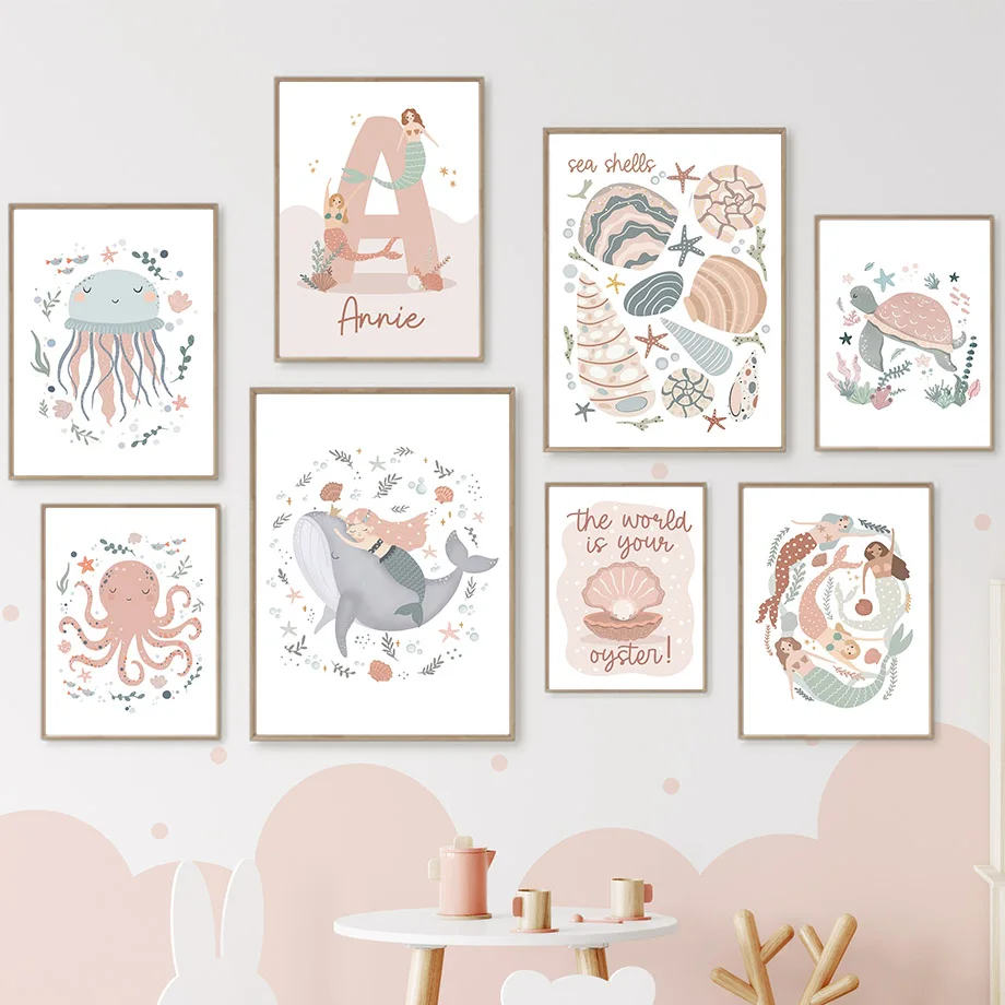 Affiches personnalisées avec nom de bébé, animaux de mer, baleine, sirène, dessin animé, peinture sur toile pour pépinière, tableau imprimé d'art mural, décor de chambre d'enfants et de filles