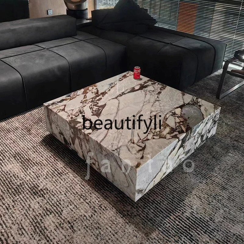 

Italian Minimalist Natural Marble Coffee Table with Drawer Designer High-End Coffee Table