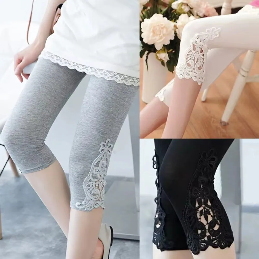 Soft Hollow Out Women Leggings Stretch Slim Fit Breathable Cropped Capris Pants Solid Color Thin Lace Trim Legging Daily Wear