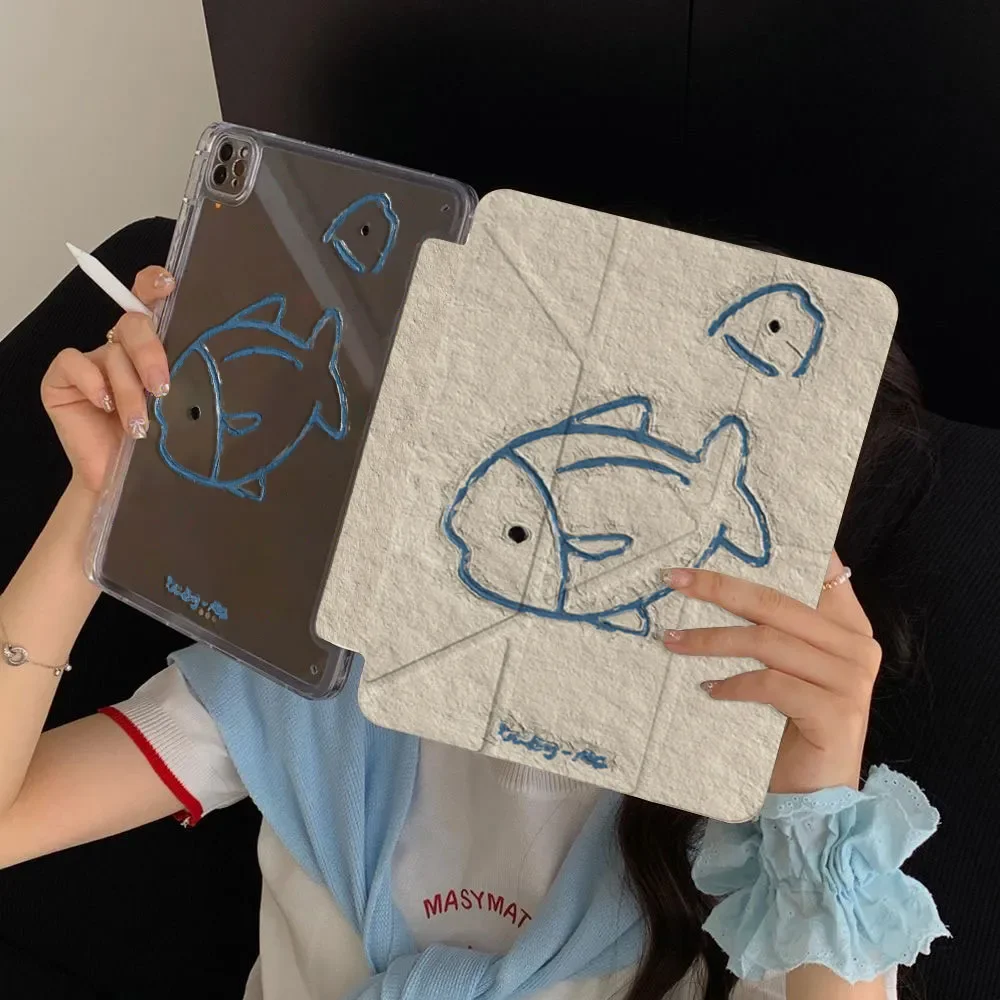 

Blue Line Fish Tablet Case For iPad Pro 11 12.9 13 8.3 M2 M4 M3 9.7 10.2 5/6th 7/8/9 10th 11th Mini 6 7 Air 3 4 5 6 Stand Cover