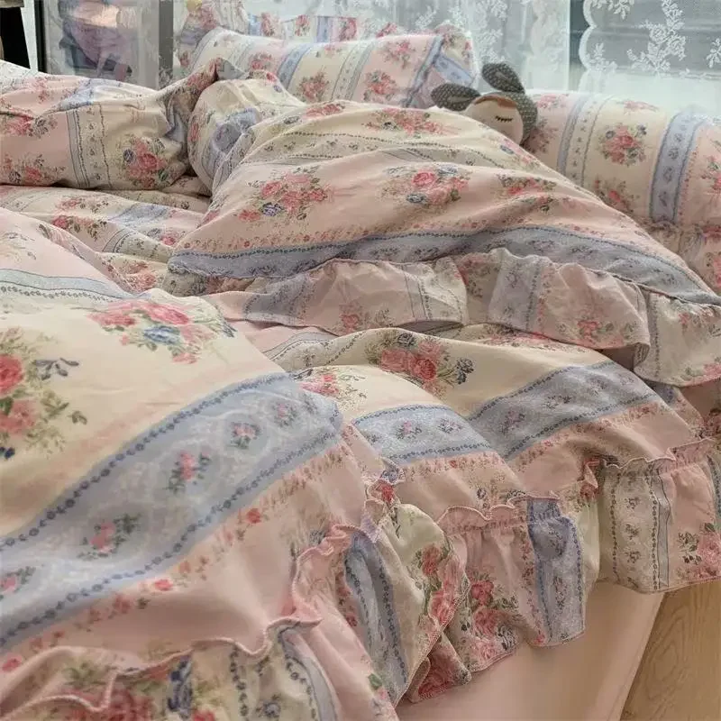 

Korean Style Princess Floral Bedding Set Washed Cotton Vintage French Pastoral Flowers Lace ruffles Duvet Cover Set Pillowcase