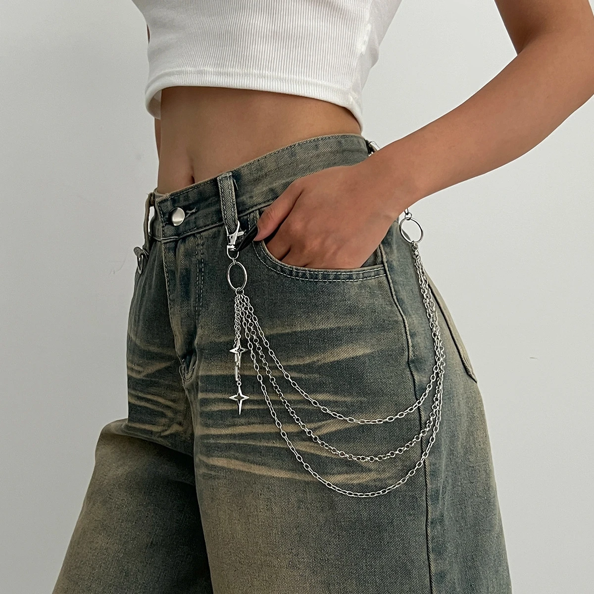 Salircon Punk Multilayer Metal Star Pendant Pant Chain Hip Hop Waist keychain Jeans Chain Women Trendy Jewelry Accessories Gifts