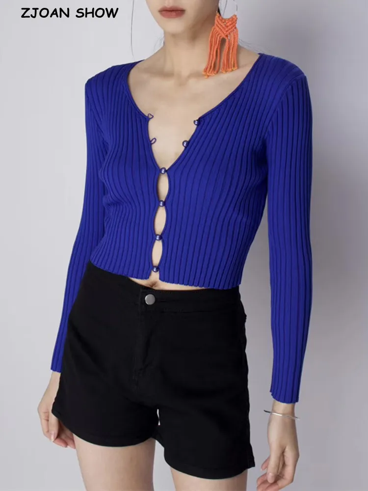 CHIC Women V-Neck Button-through Hollow Out Front Crop Cardigan Retro Knitted Sweater Long sleeve Slim Jumper Blue Green