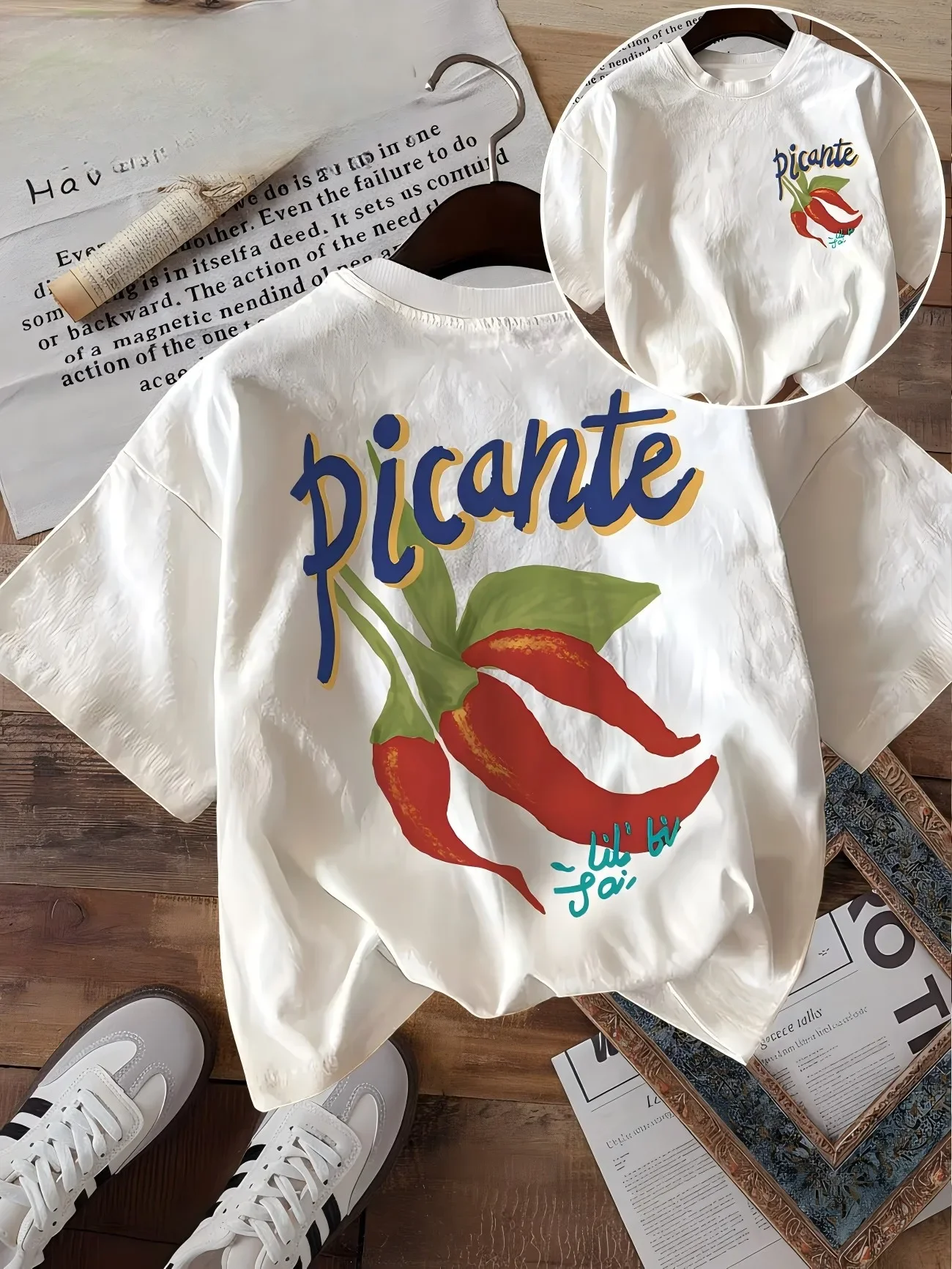 Camiseta Vintage con Estampado de Chile Picante para Mujer, Camiseta con Estampado de Pimiento Rojo, Ropa Urbana de Verano, Estética Retro, Estilo Harajuku, Top Bonito