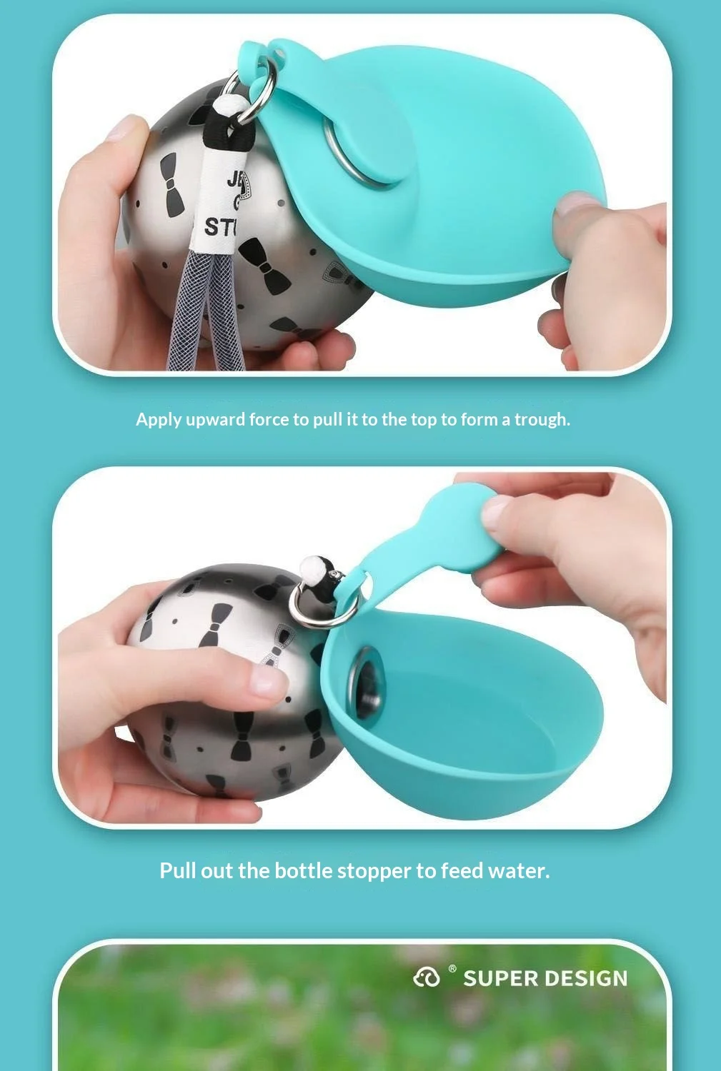 Portable Stainless Steel Pet Water Bottle, Foldable Silicone Bowl for Dogs Cats, Outdoor Walking Hiking Travel Drinking Bowl view 6