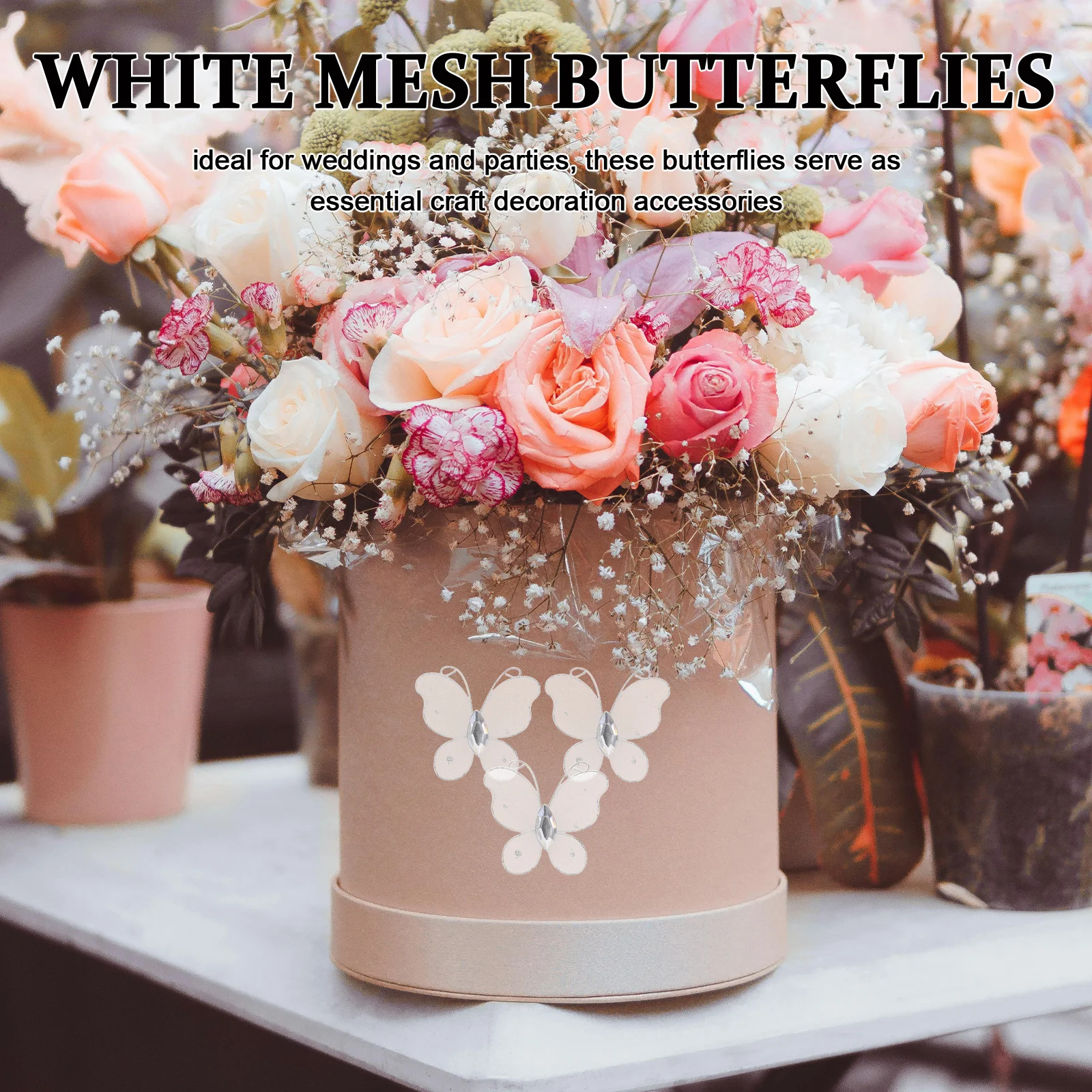 

50pcs White Mesh Butterflies For Wedding Diy Craft Decorations Sparkle Rhinestone Ribbon Hair Ornament Party Accessories Giant