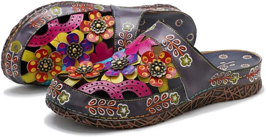 

Women's Leather Sandals Summer Slippers Slip on Mules Shoes Anti Slip Closed Toed Flower Backless Comfort Breathable Slippers