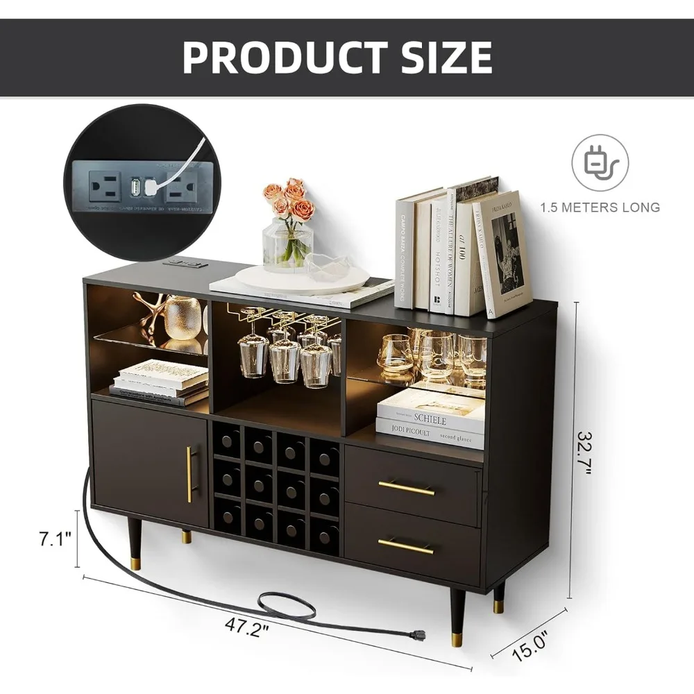 47 inch Bar Cabinet and Bar Table - LED Light Charging Station, Buffet Cabinet with Storage, Sideboard Cabinet, Coffee Bar