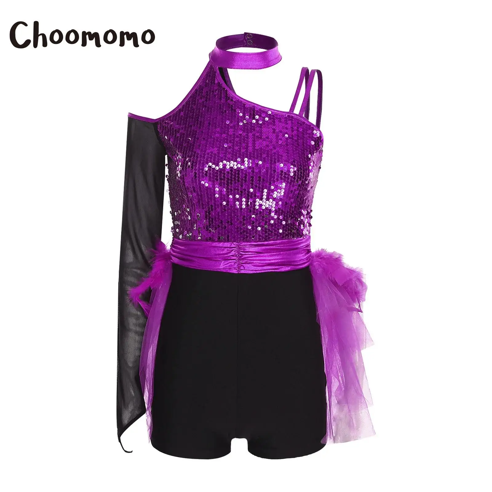 

Women Jazz Chacha Performance Costume Spanish Latin Dance Bodysuit One Shoulder Sleeve Sequins Feather Tulle Leotard Jumpsuit