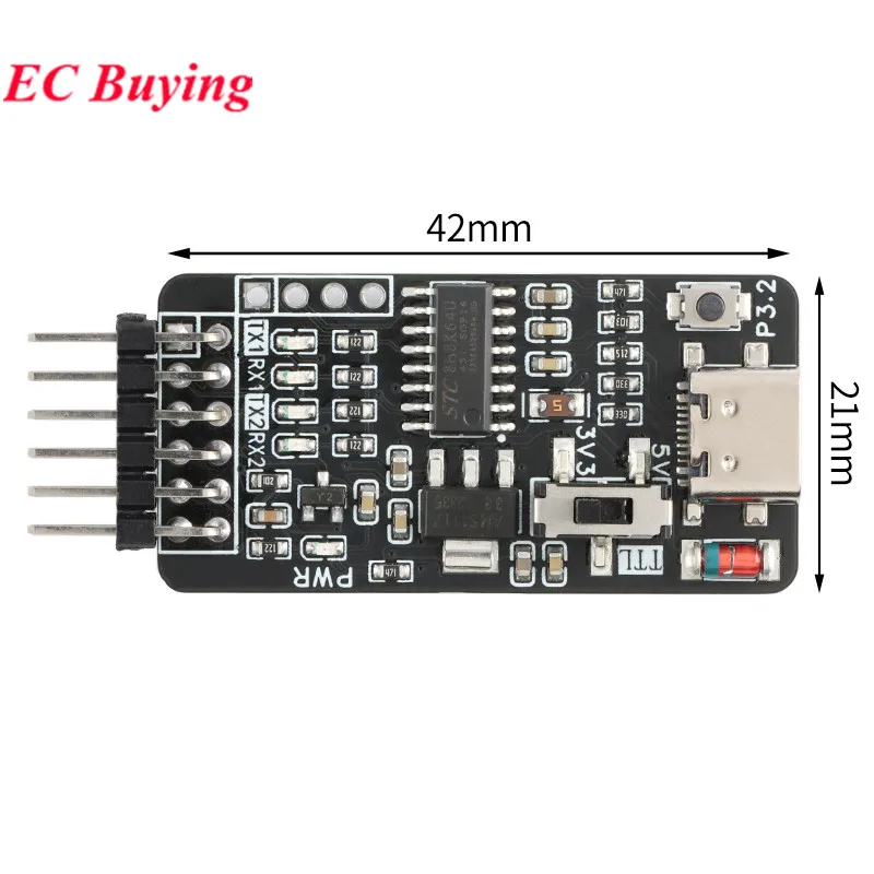 1Pc-5Pcs Type-C USB to Dual CDC UART Serial Drive Free STC ISP Microcontroller Program Cold Start Download Burner 5V/3.3V TTL