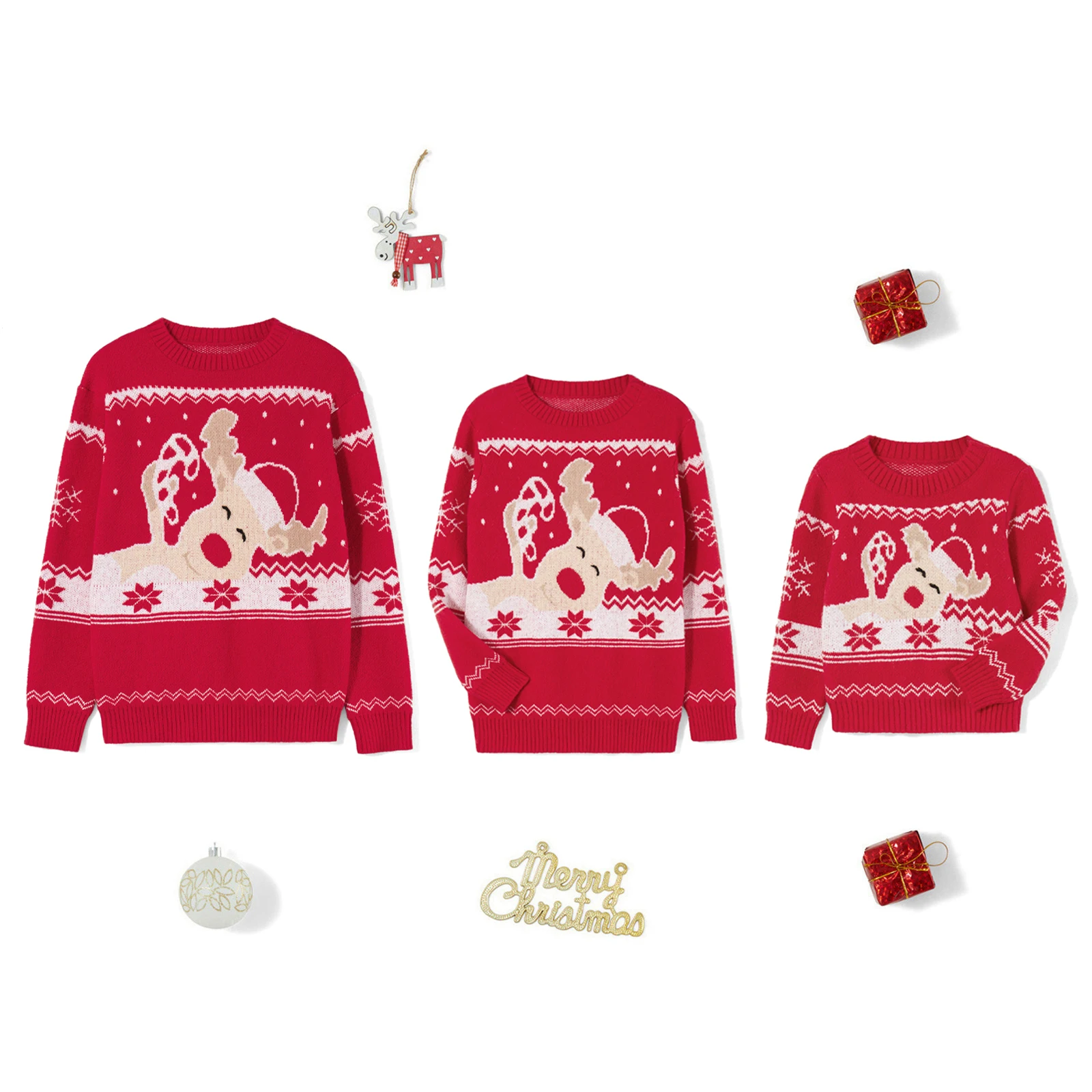 hirigin Matching Family Christmas Sweaters Reindeer Snowflakes Print Ugly Sweater Long Sleeve Knit Pullover Top