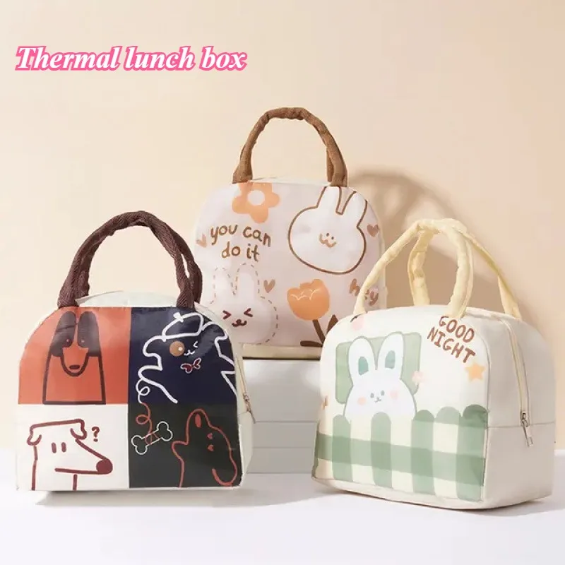 Cartoon Bunny Checkered Lunch Tote Bag Portable Food Container with Reusable Fresh Snack Pouch for Office School Kindergarten