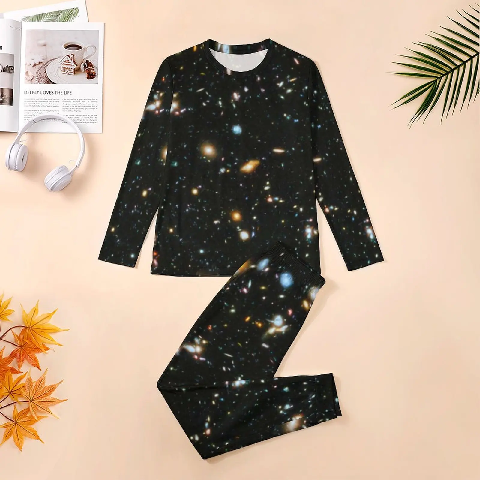 Galaxy Star Pajamas Artistic Stars Space Black Men Long Sleeve Cute Pajama Sets 2 Pieces Bedroom Winter Pattern Home Suit Gift