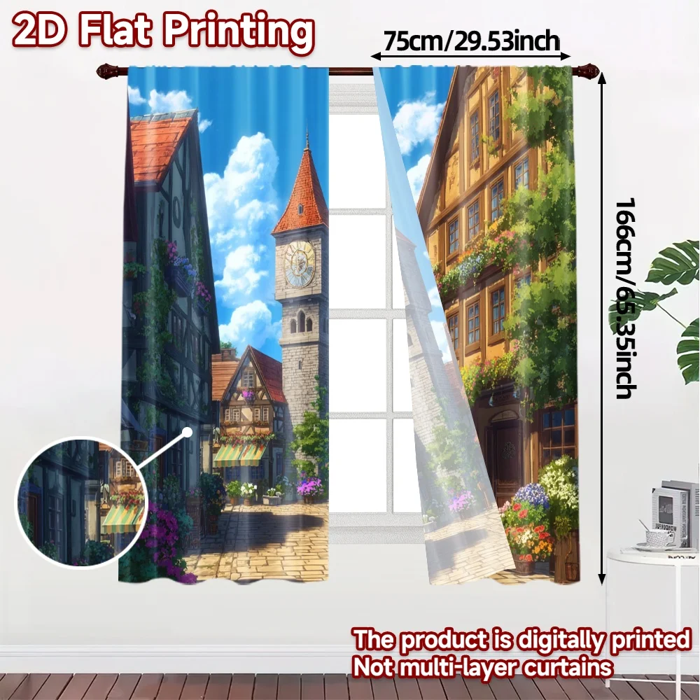 2pcs, 2D FLAT PRINTING Curtains (Without Rod) Charming Village View Popular Print Curtains 100% Polyester Curtains Holiday