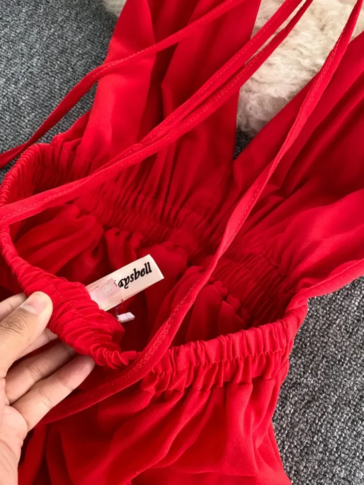Summer Women\'s Party Dress Seaside Holiday Pure Color Halter Neck Strap Halter Strap Dress New Beach Female Dresses FC090